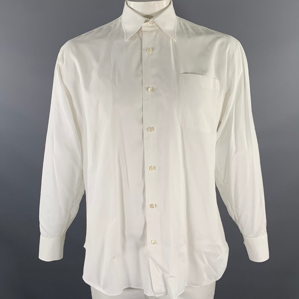 ISAIA Size XL White Solid Cotton Long Sleeve Shirt